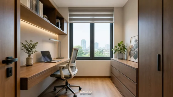 thiết kế phòng làm việc 8m2 hiện đại với bàn áp tường và tủ thấp