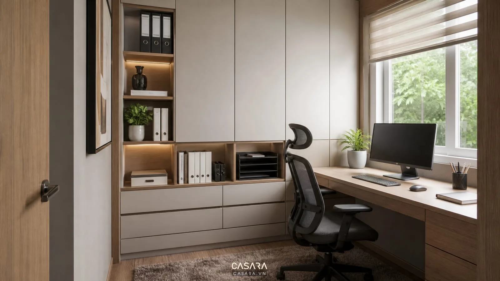 tủ lưu trữ trong thiết kế phòng làm việc 8m2 nhỏ gọn