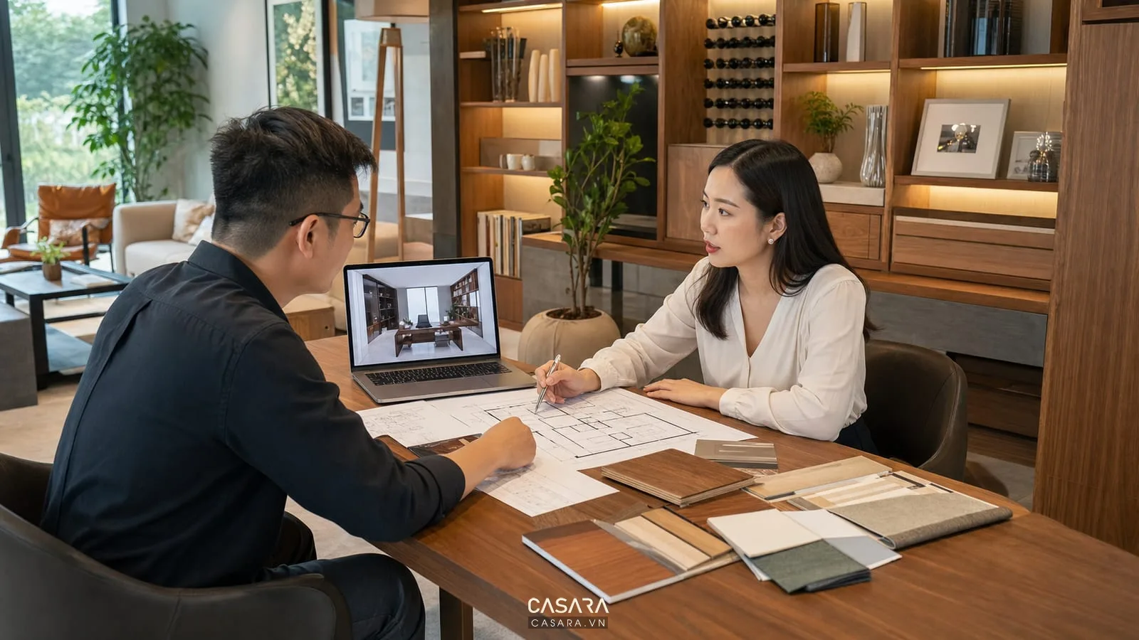 tư vấn thiết kế phòng làm việc 8m2 với bản vẽ và mẫu vật liệu