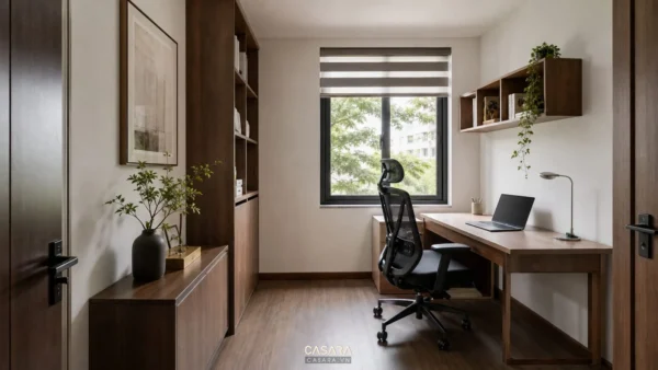thiết kế phòng làm việc 9m2 nhỏ gọn với bàn làm việc cạnh cửa sổ