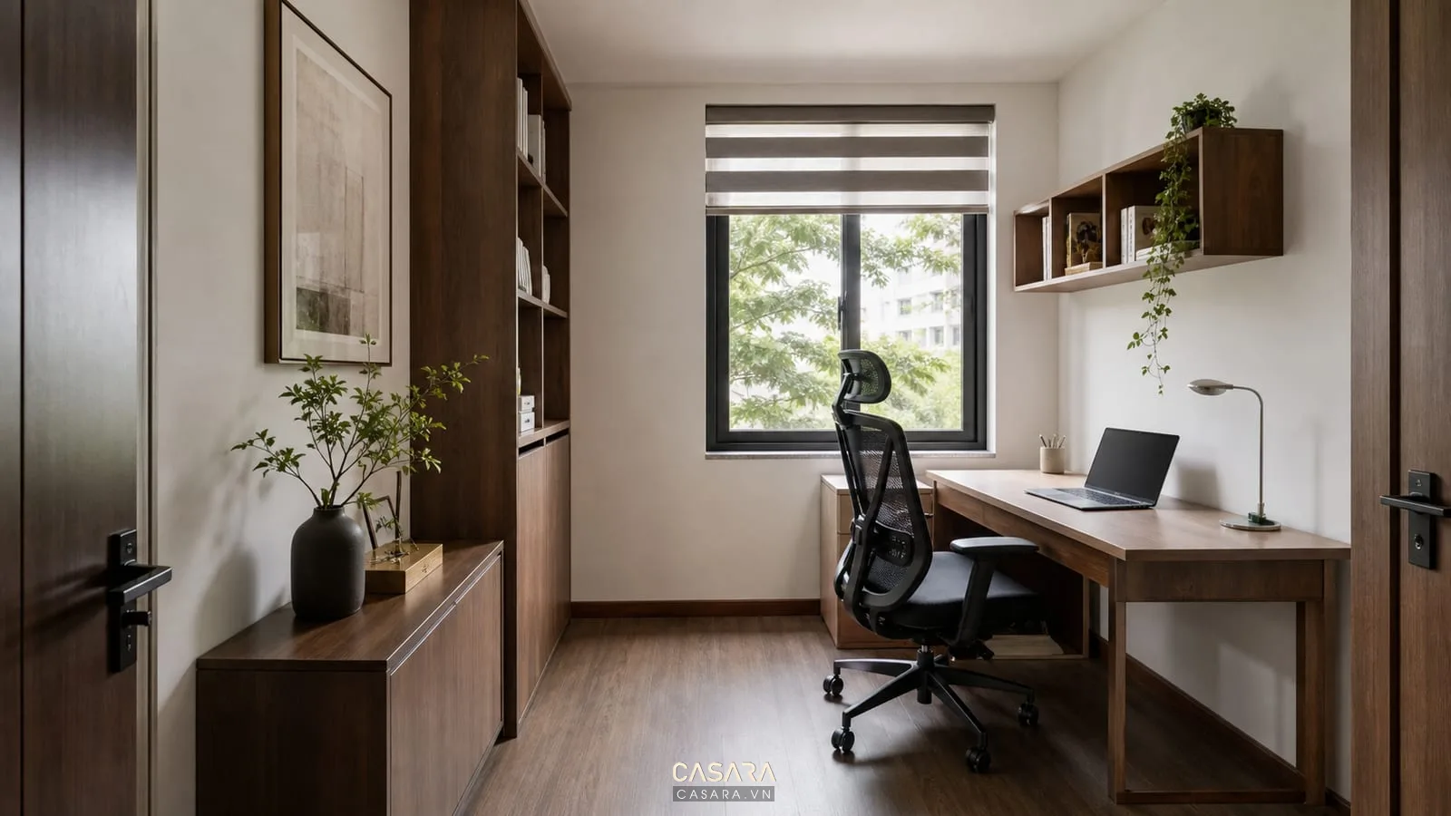thiết kế phòng làm việc 9m2 nhỏ gọn với bàn làm việc cạnh cửa sổ