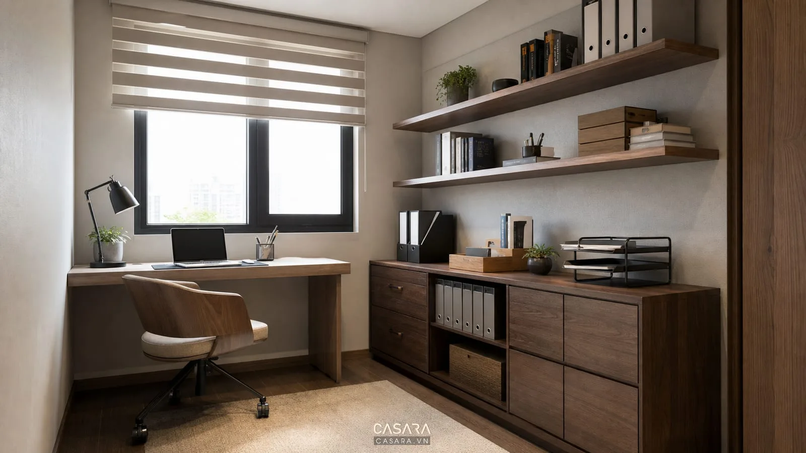 tủ lưu trữ và kệ treo trong thiết kế phòng làm việc 9m2