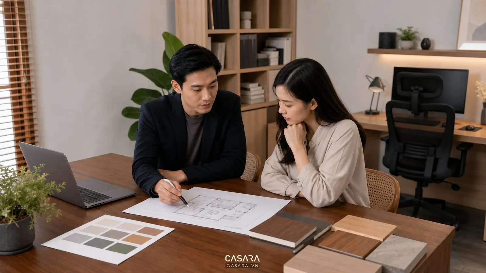 tư vấn thiết kế phòng làm việc 9m2 với bản vẽ và mẫu vật liệu