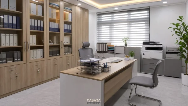 Thiết kế phòng văn thư văn phòng với tủ hồ sơ, bàn làm việc và máy in gọn gàng