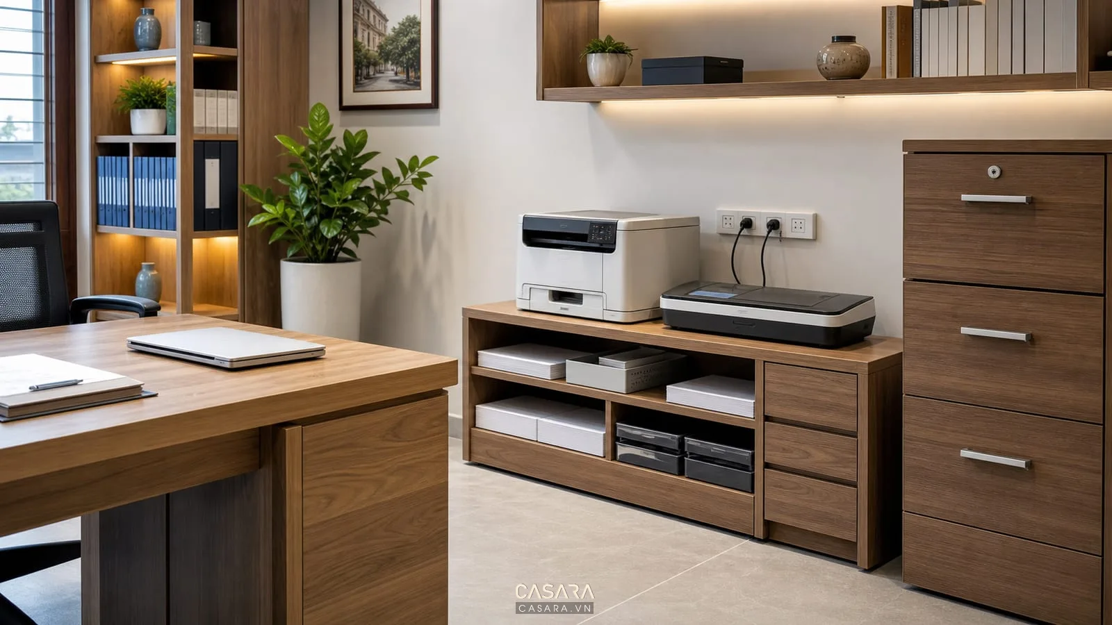 Khu thiết bị máy in và máy scan trong thiết kế phòng văn thư văn phòng