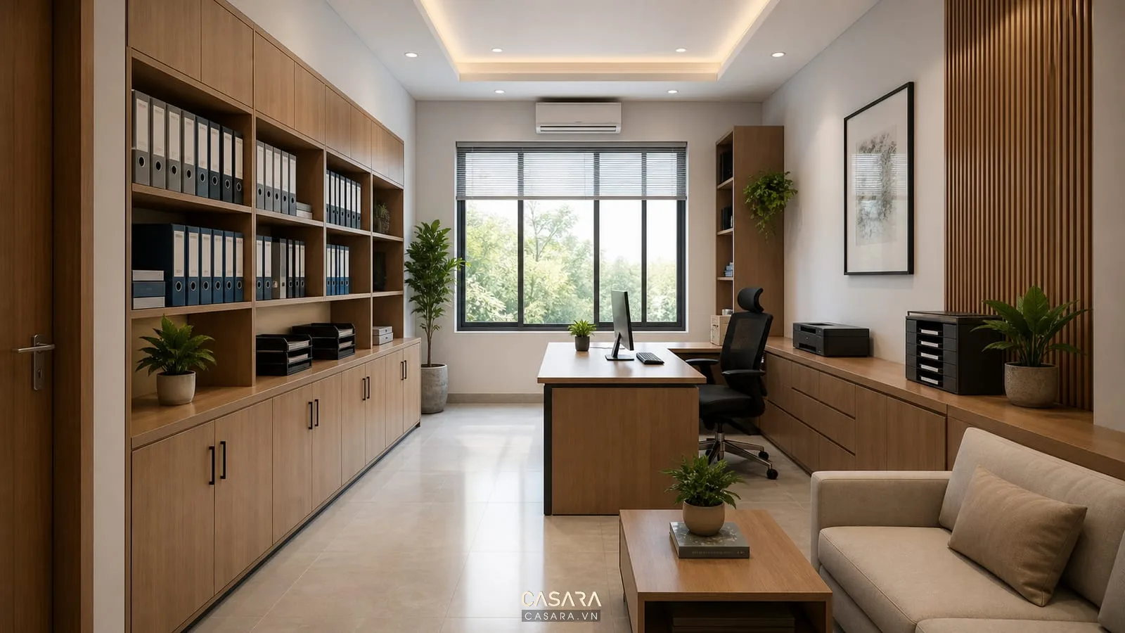 Bản thiết kế văn phòng nhỏ có khu phòng văn thư và tủ hồ sơ sát tường