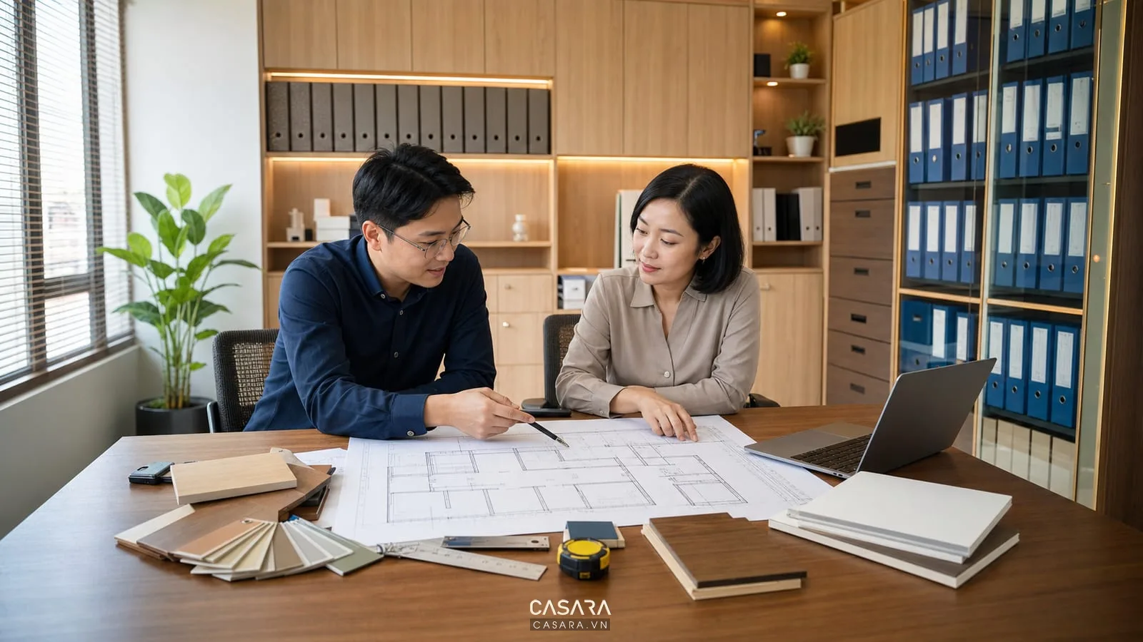 Tư vấn bản thiết kế văn phòng cho khu phòng văn thư với mẫu vật liệu và mặt bằng