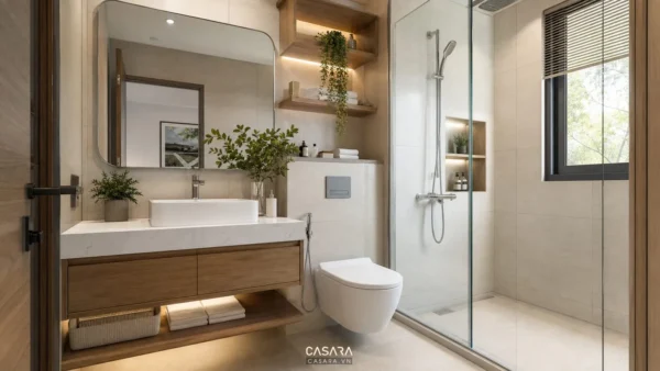 Thiết kế phòng vệ sinh 6m2 hiện đại với bồn rửa gương lớn toilet treo tường khu tắm kính gạch sáng màu và ánh sáng tự nhiên