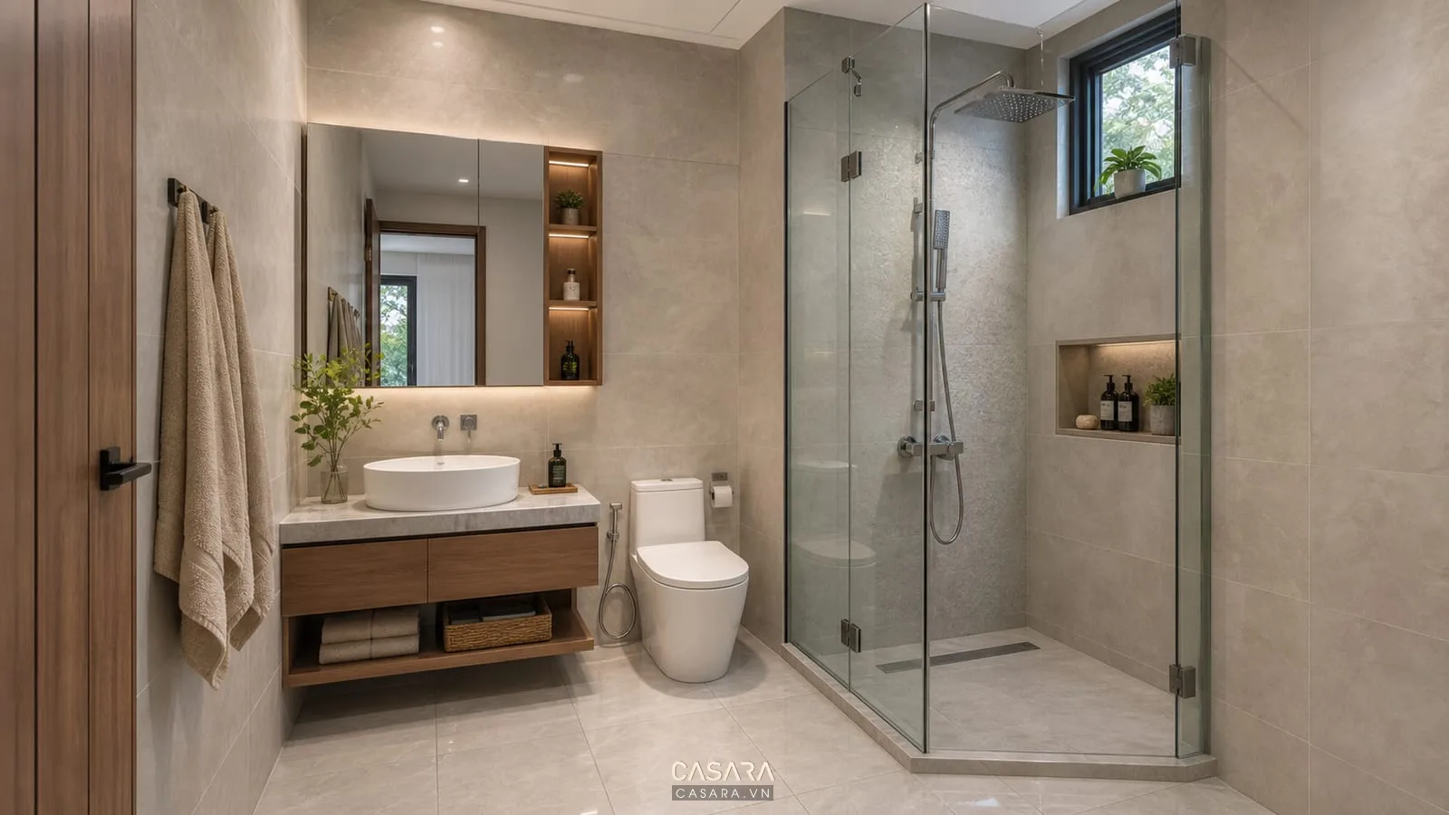 Thiết kế phòng vệ sinh 6m2 với khu tắm đứng vách kính sen tắm âm tường sàn chống trượt rãnh thoát nước dài và khăn treo gần khu khô