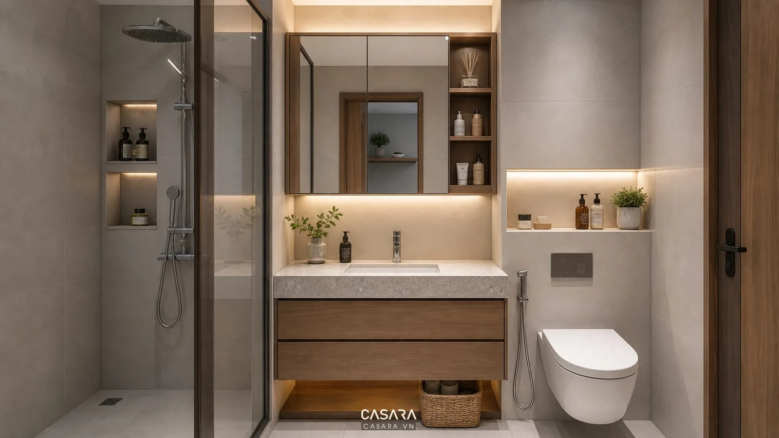 Thiết kế phòng vệ sinh 6m2 với tủ lavabo treo tường ngăn kéo gỗ chống ẩm gương tủ âm kệ hốc tường để mỹ phẩm và mặt bàn đá gọn sạch