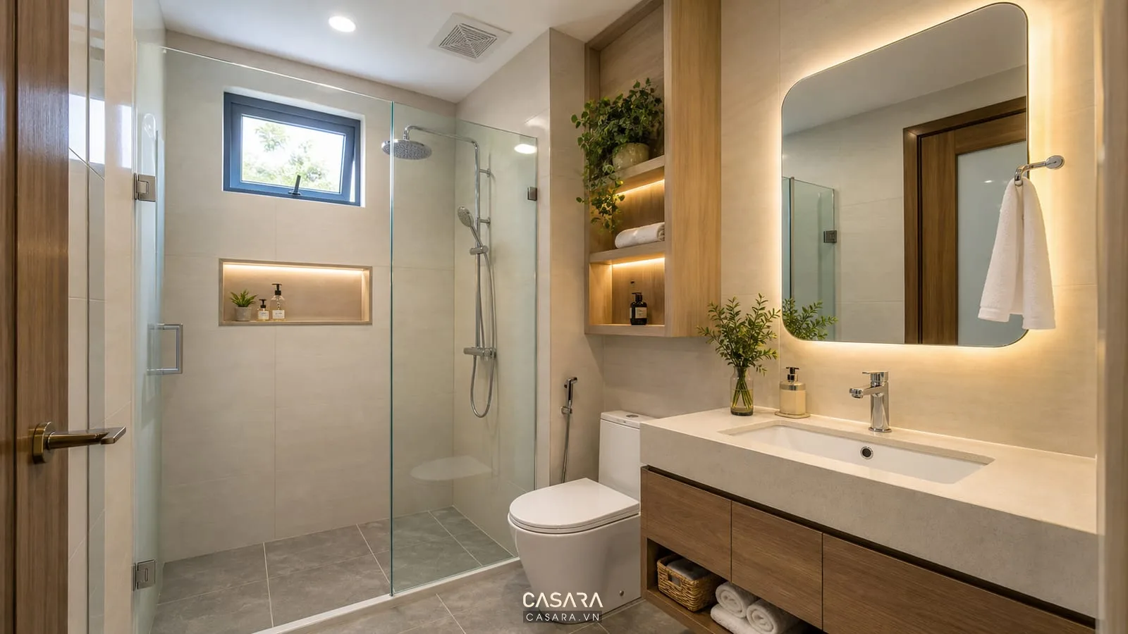 Thiết kế phòng vệ sinh 6m2 có cửa sổ thông gió quạt hút âm trần đèn gương đèn trần chống ẩm cây xanh nhỏ và khu tắm kính khô thoáng