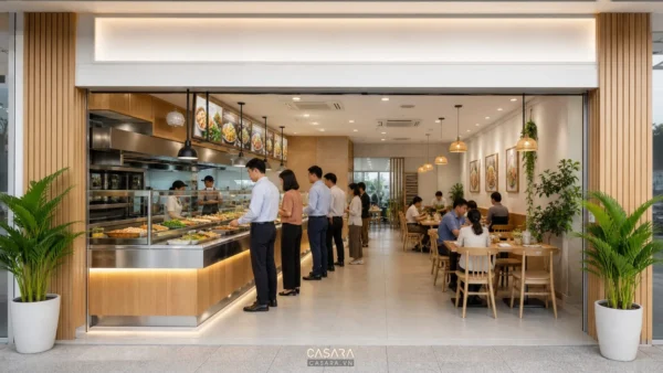 Thiết kế quán cơm văn phòng có mặt tiền sáng, quầy cơm, khách văn phòng và bàn ghế gọn