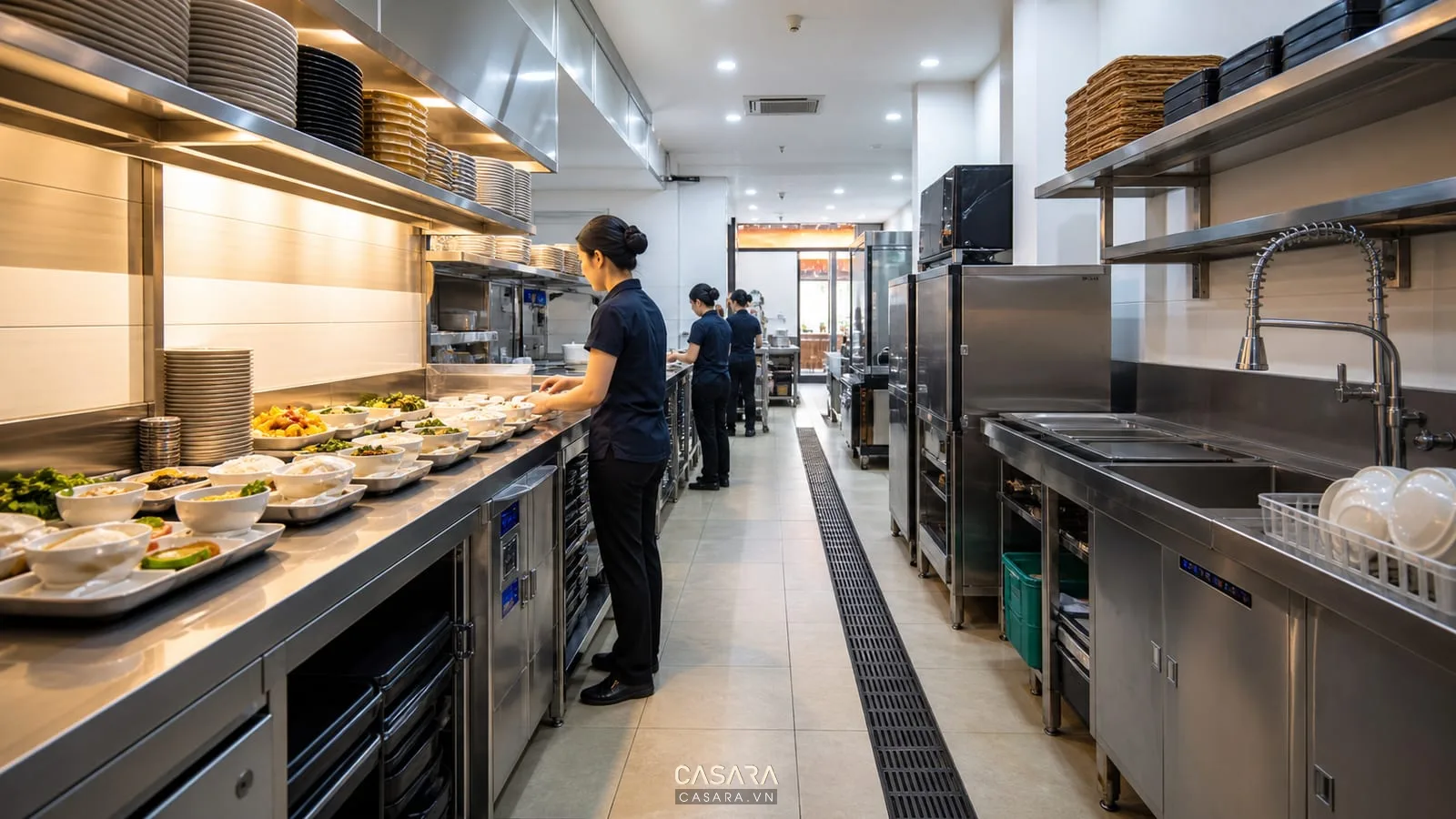 Khu bếp quán cơm văn phòng có kệ inox, khay cơm, khu rửa và tủ lưu trữ gọn