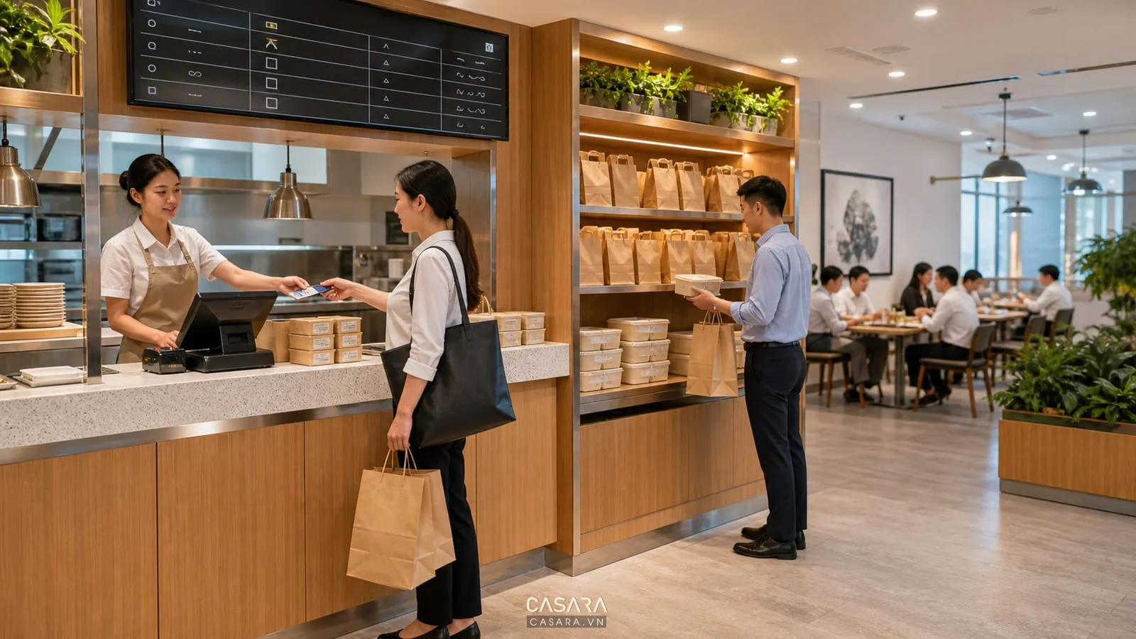 Khu nhận cơm mang đi quán cơm văn phòng có túi suất ăn, kệ chờ đơn và bảng số đơn
