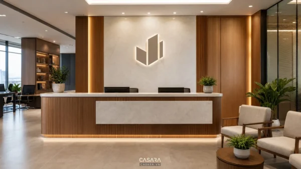 quầy lễ tân văn phòng hiện đại với logo công ty và sảnh tiếp khách