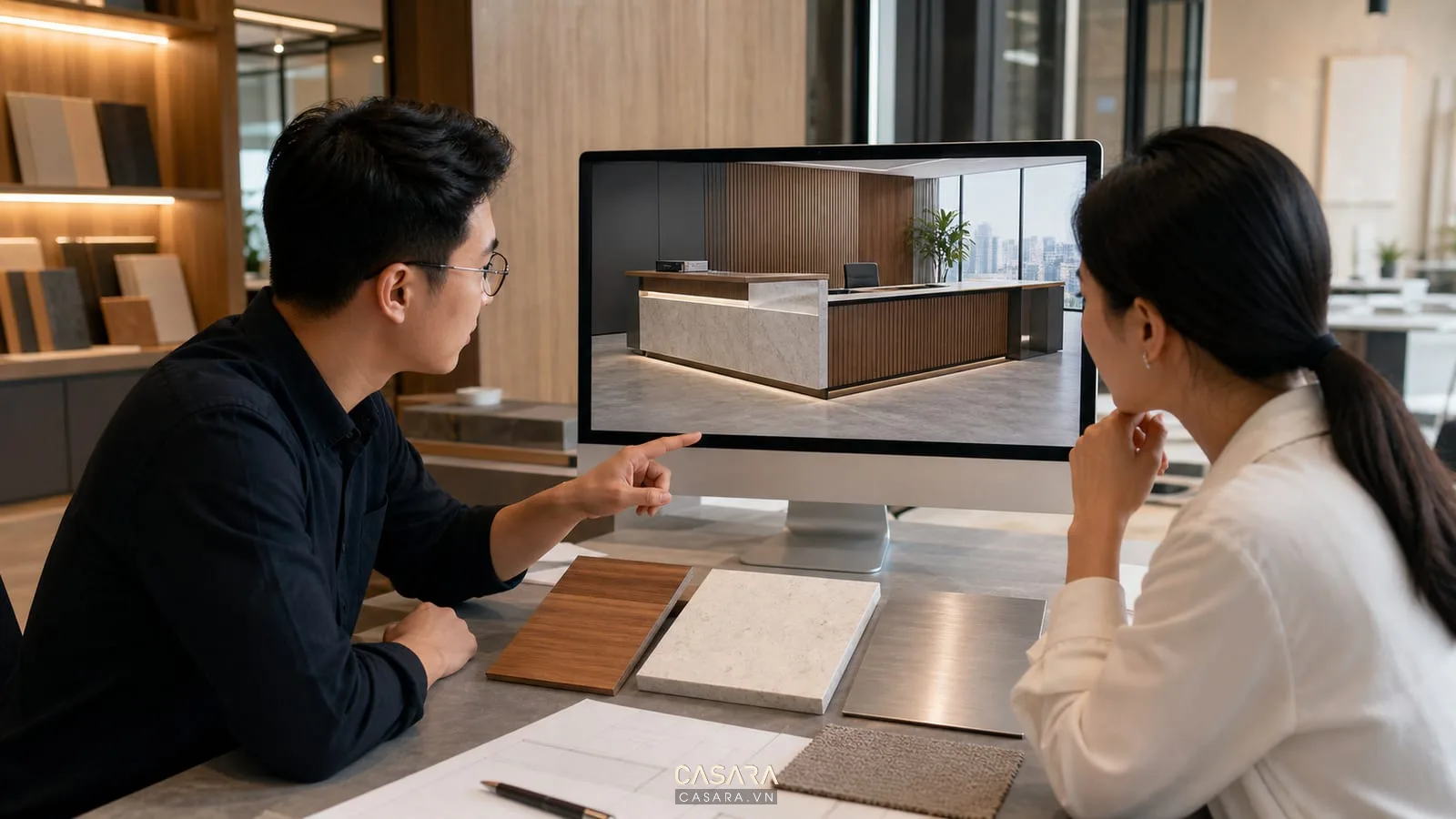 phối cảnh quầy lễ tân văn phòng cùng mẫu vật liệu gỗ đá kim loại