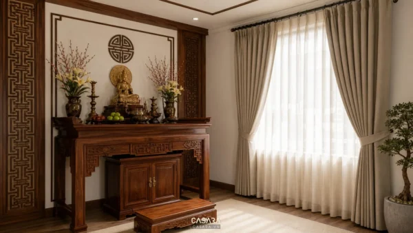 thiết kế rèm phòng thờ màu trung tính cạnh bàn thờ gỗ