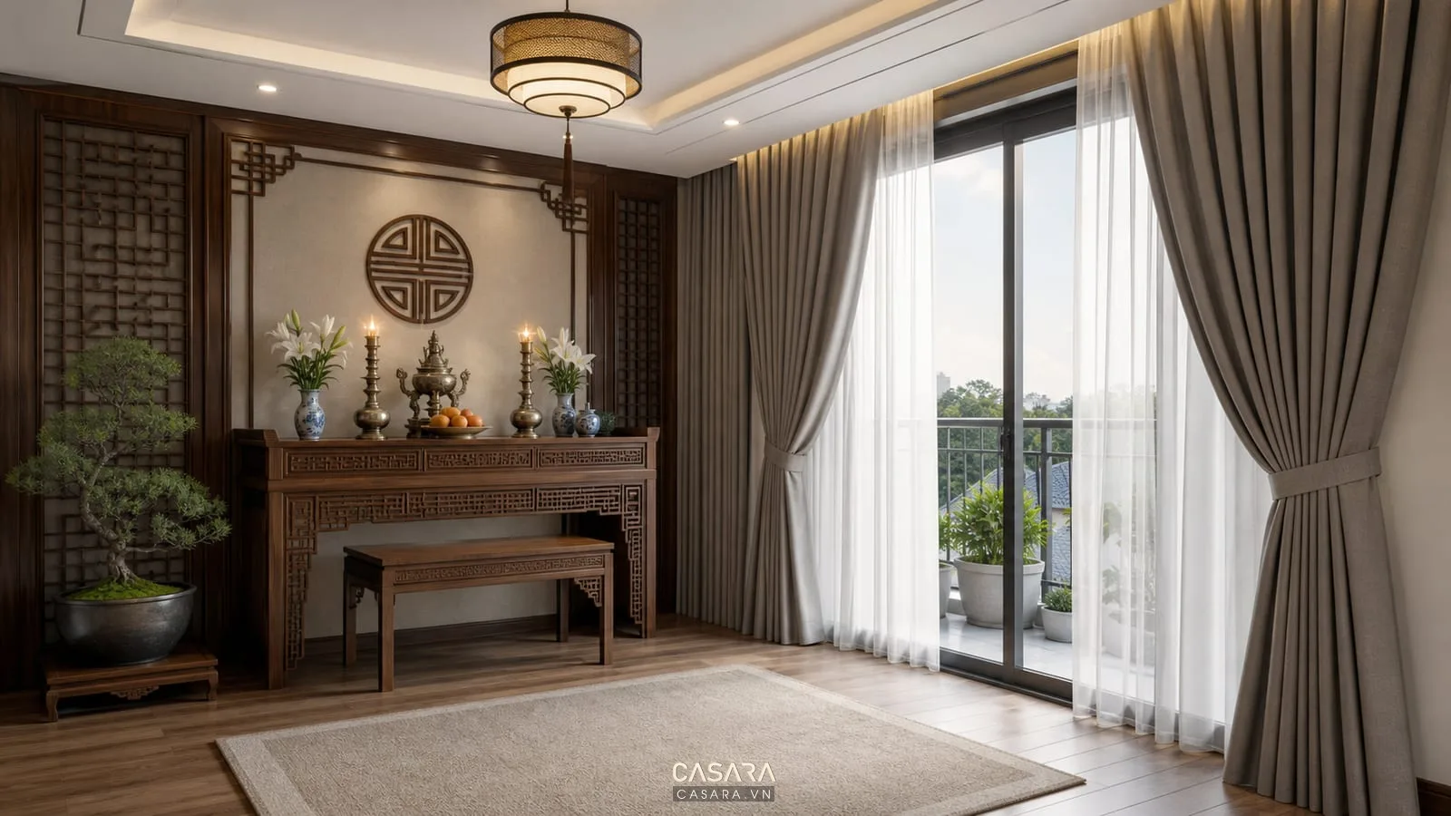rèm phòng thờ vải mịn dễ vệ sinh cạnh cửa sổ