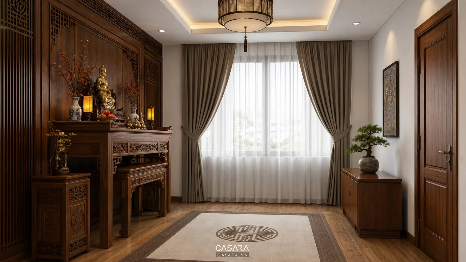 bố trí rèm phòng thờ trong tổng thể nội thất phòng thờ
