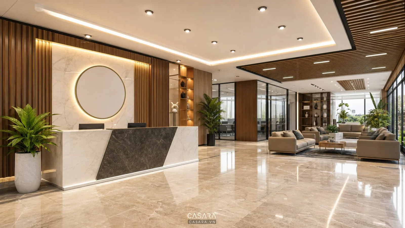 Phối cảnh 3D thiết kế sảnh văn phòng với quầy lễ tân, khu chờ và logo doanh nghiệp