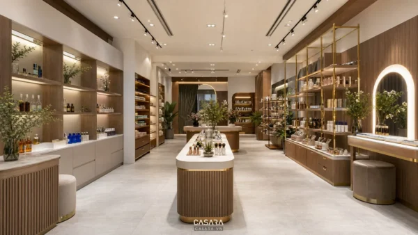 Thiết kế shop 3D với quầy trưng bày và lối đi rõ ràng