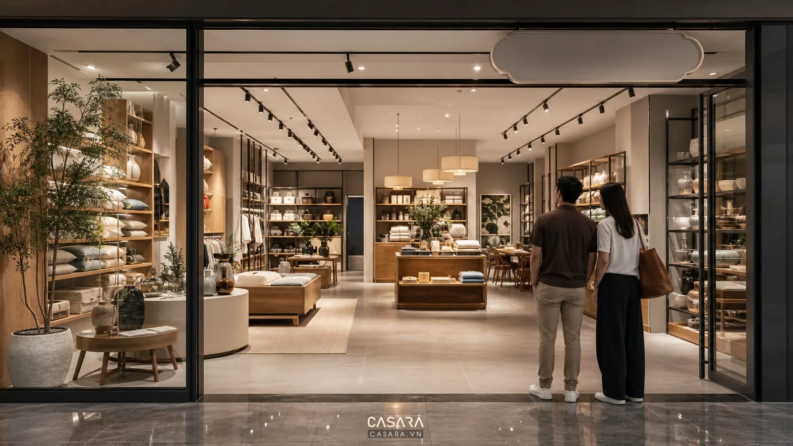 Thiết kế showroom bán lẻ với mặt tiền kính và sản phẩm nổi bật