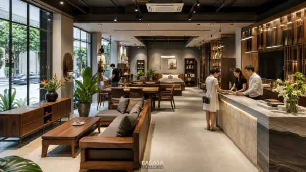 thiết kế showroom nội thất với mặt tiền kính khu trưng bày sản phẩm quầy tư vấn và ánh sáng ấm