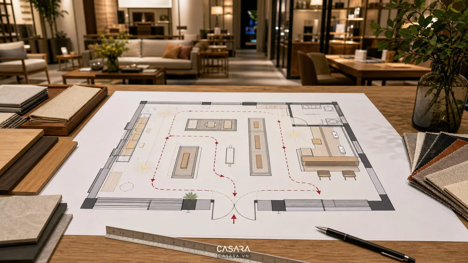 thiết kế showroom với bản vẽ mặt bằng tuyến di chuyển khu trưng bày sản phẩm và quầy tư vấn