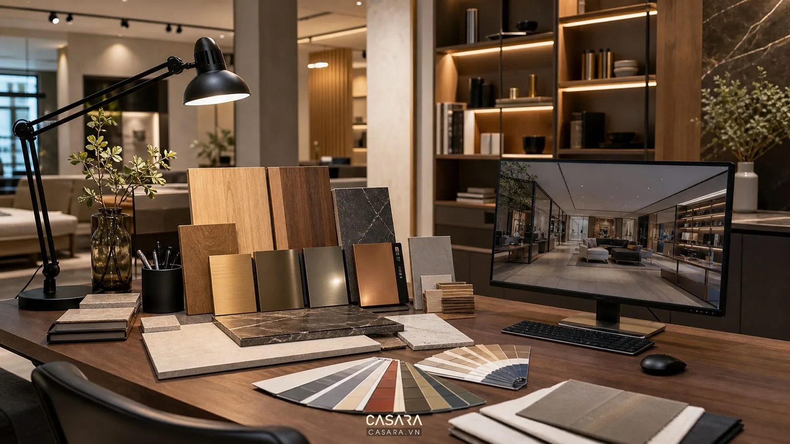 thiết kế showroom với bảng vật liệu gỗ đá kim loại mẫu sơn đèn rọi và phối cảnh 3D nội thất