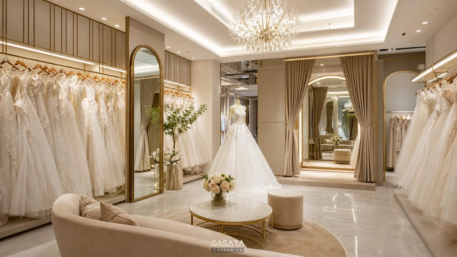 thiết kế showroom áo cưới với váy cưới trưng bày gương lớn ánh sáng mềm sofa tư vấn và khu thử đồ