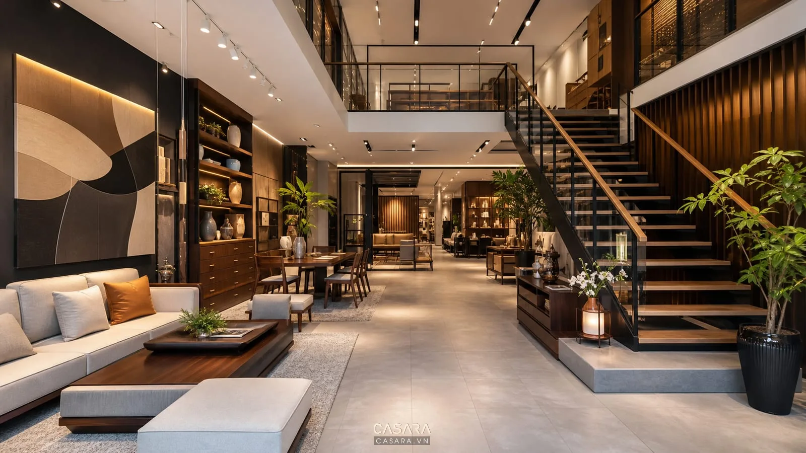 showroom 2 tầng với cầu thang mở khu trưng bày tầng một ban công tầng hai và vách thương hiệu