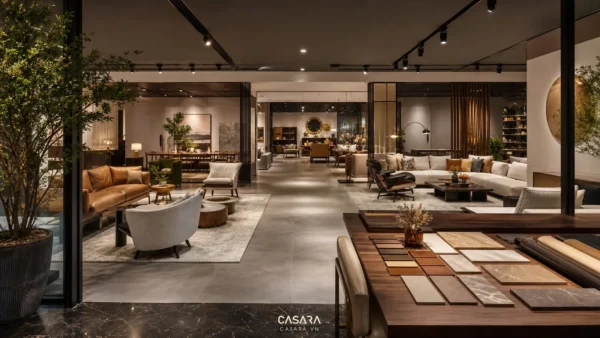 Phối cảnh thiết kế showroom 3d nội thất cao cấp với lối vào rộng, sofa, bàn tư vấn và đèn ray chiếu điểm.