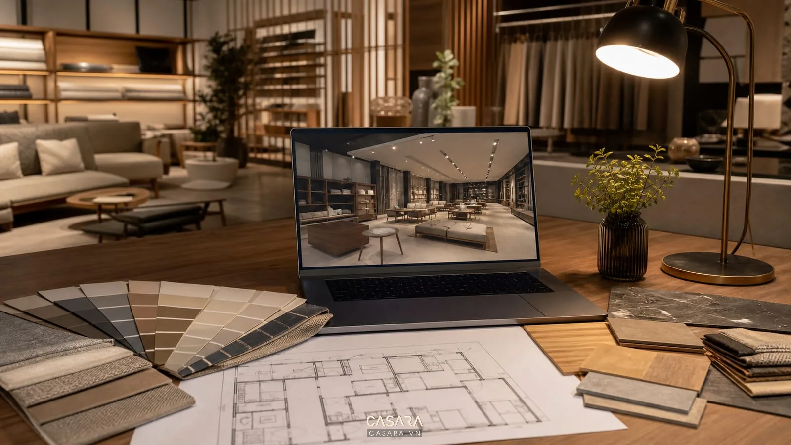 Bản vẽ mặt bằng showroom, phối cảnh 3d, mẫu vật liệu gỗ đá kim loại và ghi chú phân khu trưng bày tư vấn.