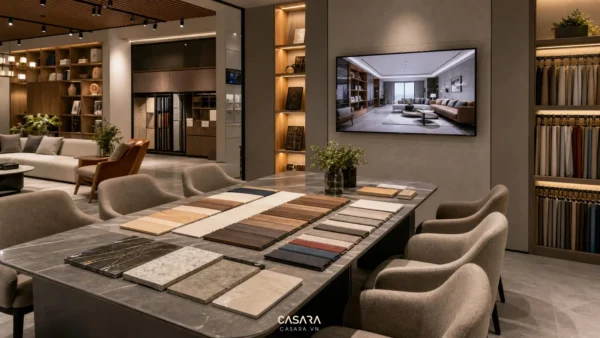 Khu tư vấn showroom thiết kế nội thất với bàn mẫu vật liệu, ghế ngồi, kệ sản phẩm và màn hình phối cảnh 3d.