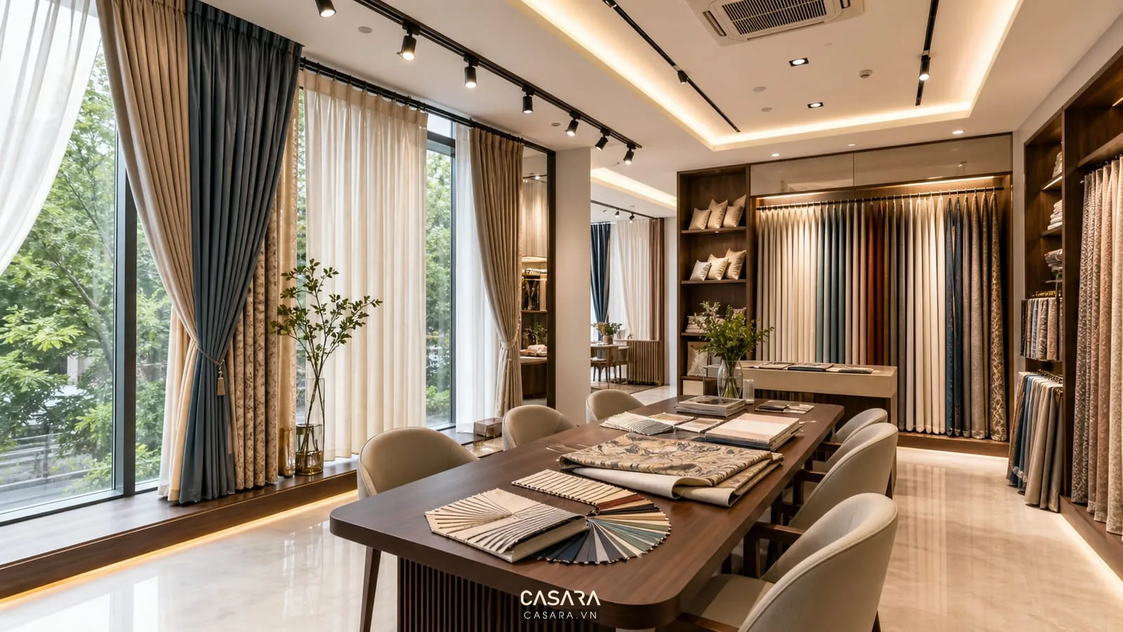 Showroom rèm cao cấp với mẫu vải treo theo lớp, cửa kính lớn, bàn tư vấn và ánh sáng ấm.