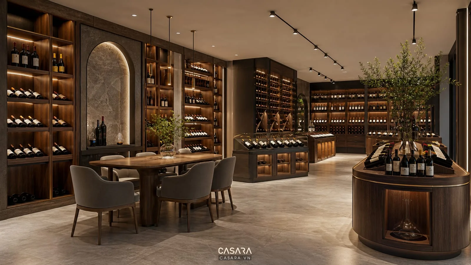 Showroom rượu cao cấp với chai rượu trên kệ gỗ, đèn rọi ấm, bàn tư vấn và lối đi thoáng.