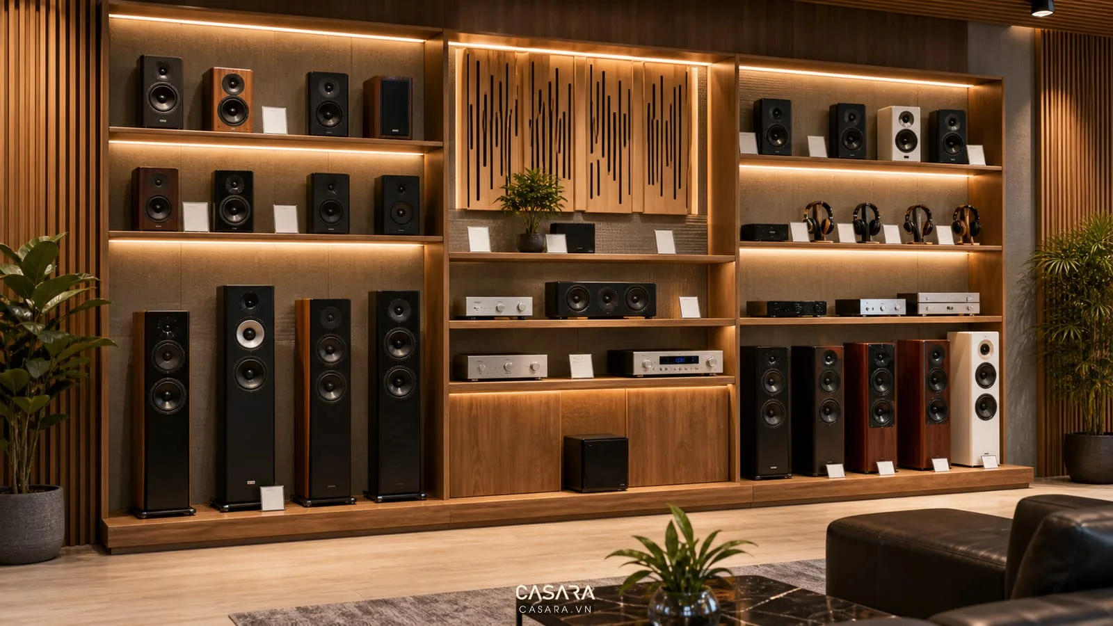 tường trưng bày loa và ampli trong showroom âm thanh với ánh sáng nhấn