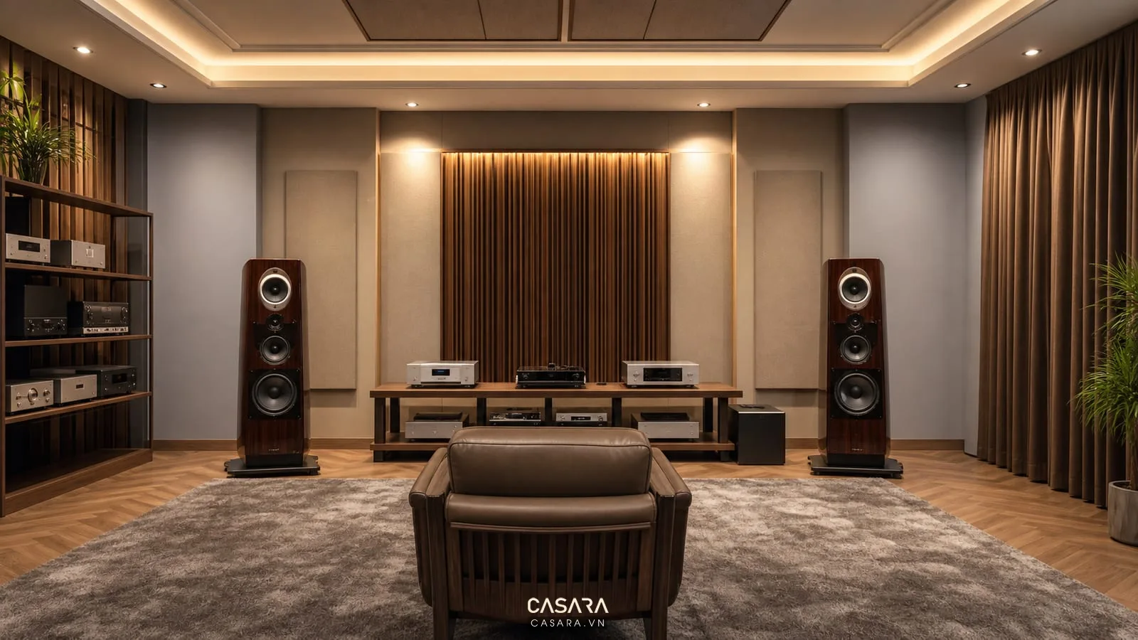 phòng nghe thử showroom âm thanh với loa hi-fi ampli ghế nghe và vật liệu tiêu âm