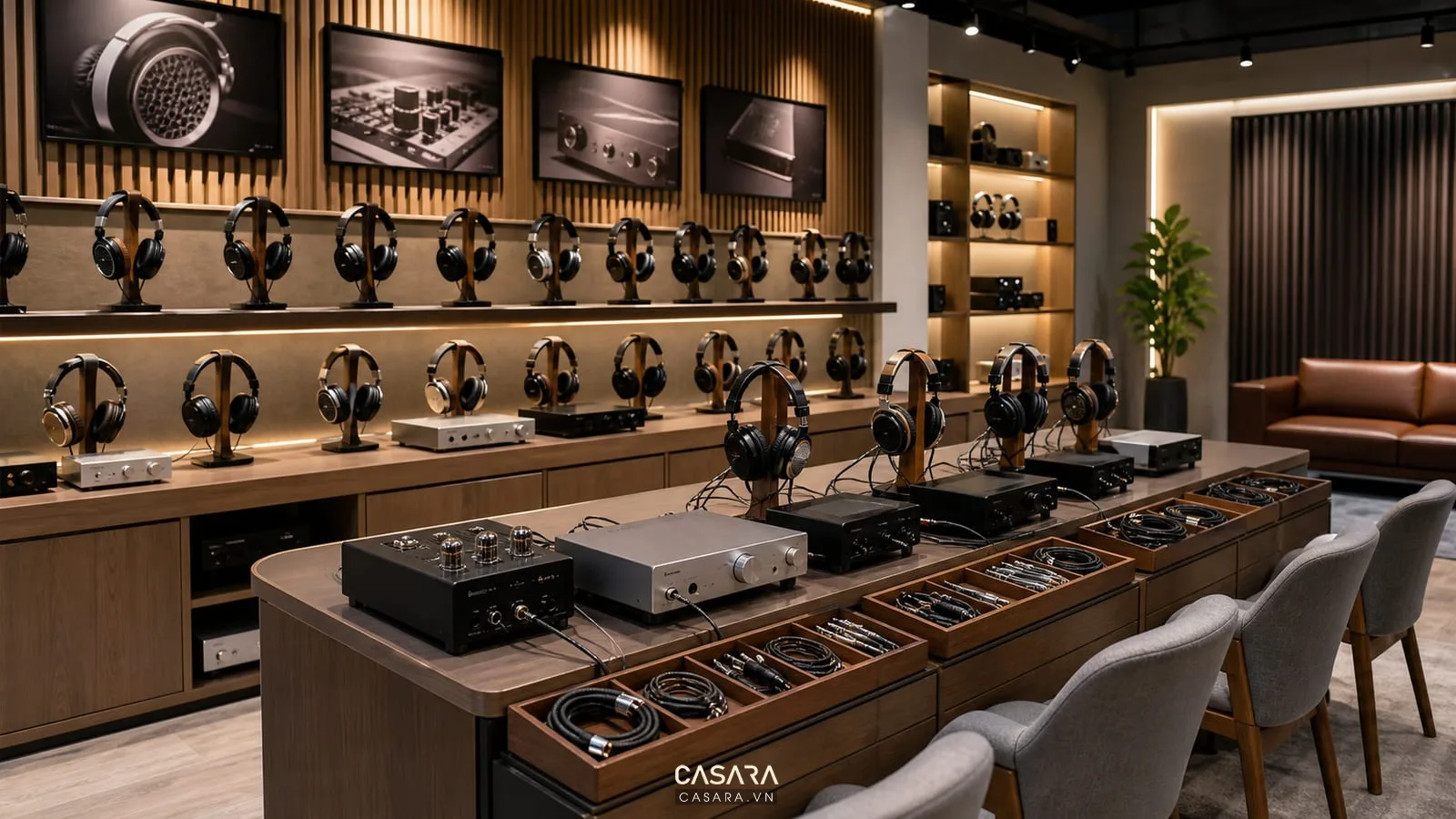 khu trải nghiệm tai nghe showroom âm thanh với ampli tai nghe phụ kiện và bàn thử
