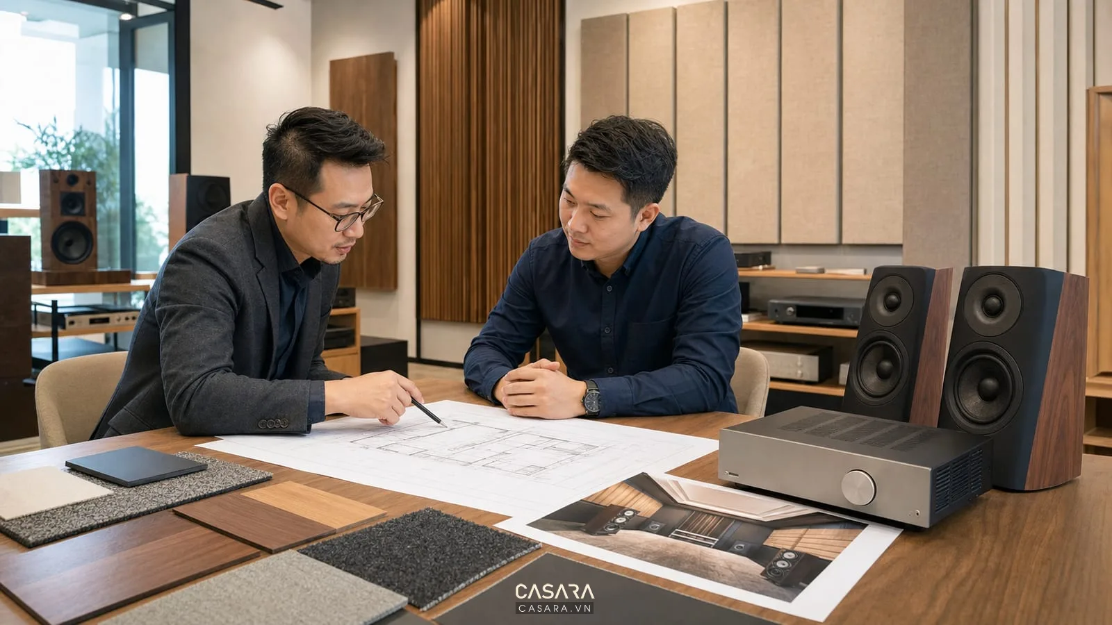 bản vẽ thiết kế showroom âm thanh với mẫu vật liệu loa ampli và phối cảnh phòng nghe