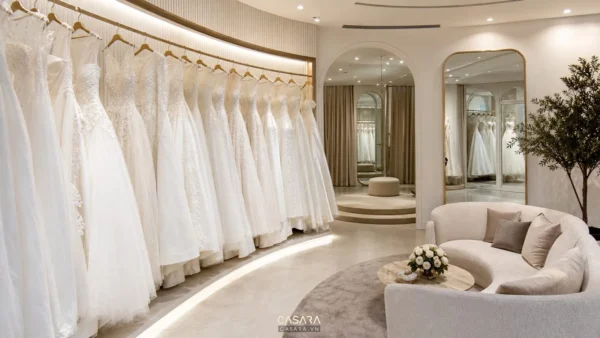 showroom áo cưới sang trọng với váy cưới trắng gương lớn và khu tư vấn tinh tế