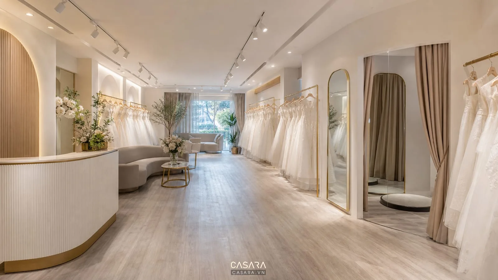 mặt bằng showroom váy cưới với phòng thử kín đáo giá treo váy và gương lớn