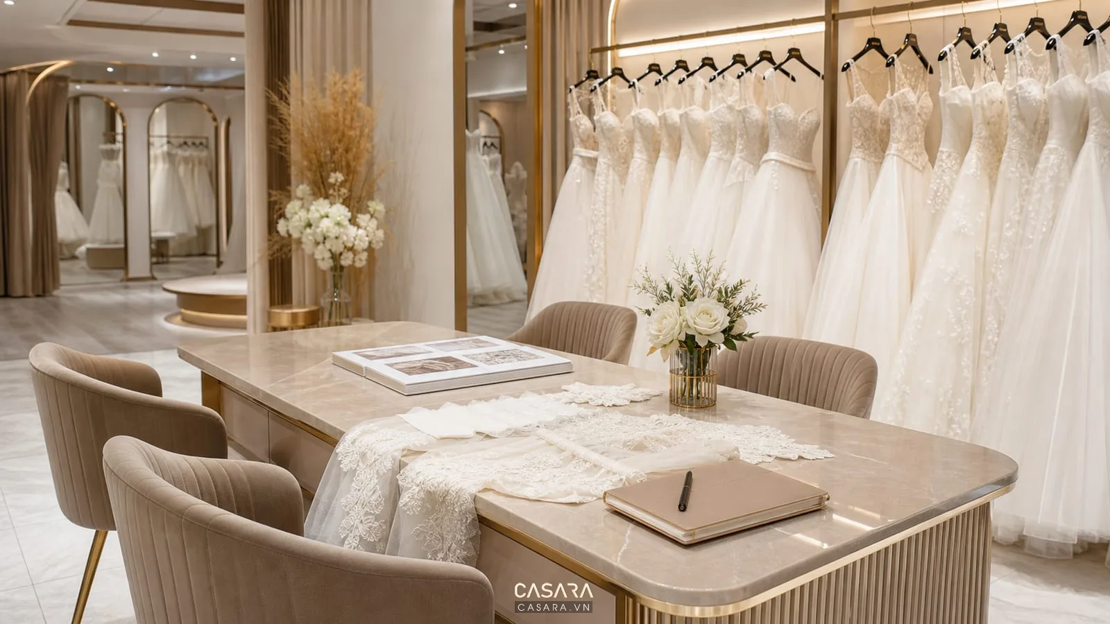 quầy tư vấn showroom áo cưới với mẫu vải ren ghế bọc nệm và váy cưới phía sau