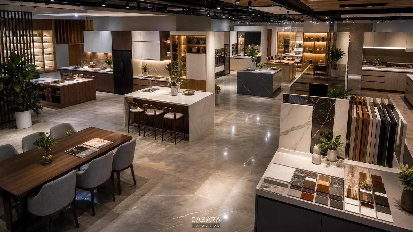 Mặt bằng showroom bếp với cụm tủ bếp đảo bếp khu vật liệu và lối đi rõ ràng