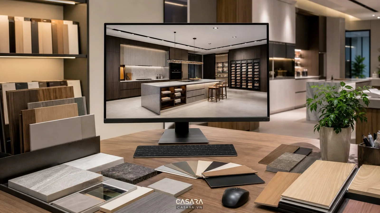 Thiết kế showroom 3d trên màn hình máy tính cho showroom bếp với tủ bếp đảo bếp và đèn chiếu sáng