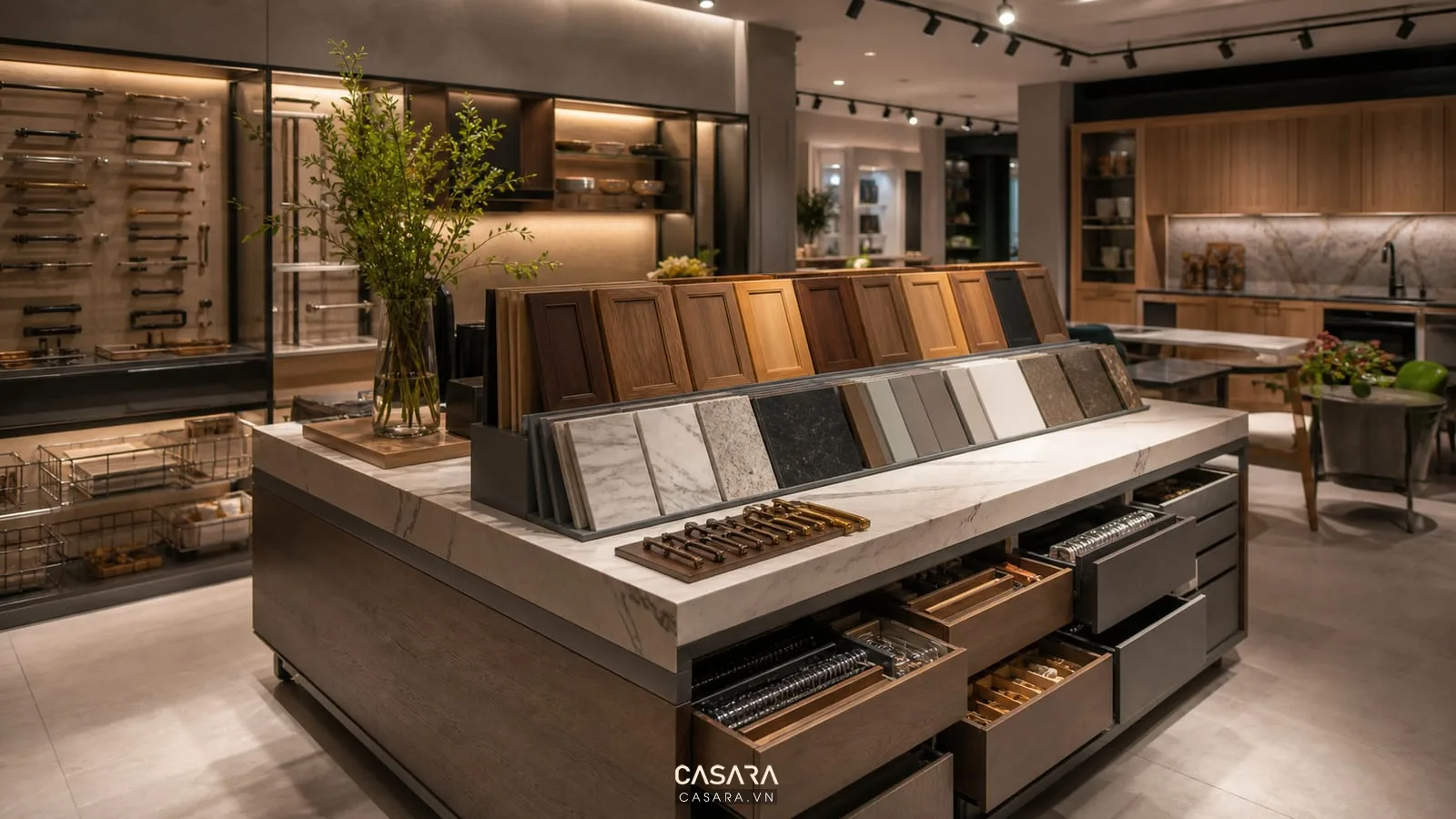 Showroom bếp với mẫu vật liệu gỗ mặt đá tay nắm phụ kiện tủ bếp và ánh sáng trên bề mặt hoàn thiện