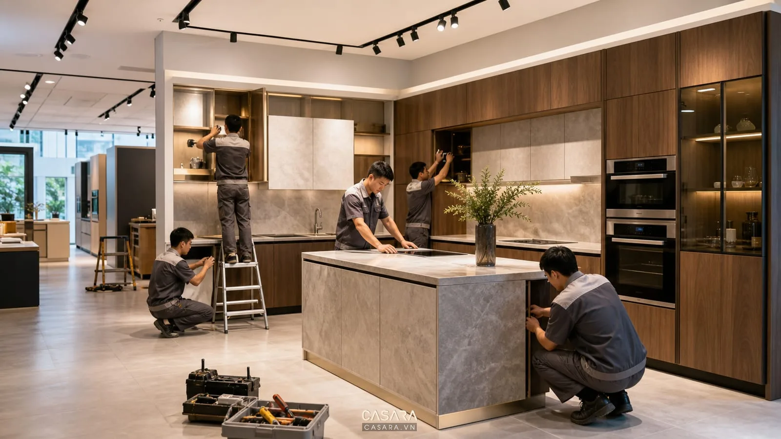 Thi công showroom bếp với hệ tủ bếp mặt đá đèn ray và dụng cụ hoàn thiện nội thất