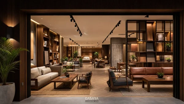 thiết kế showroom bluewood với vách gỗ và khu trưng bày nội thất hiện đại