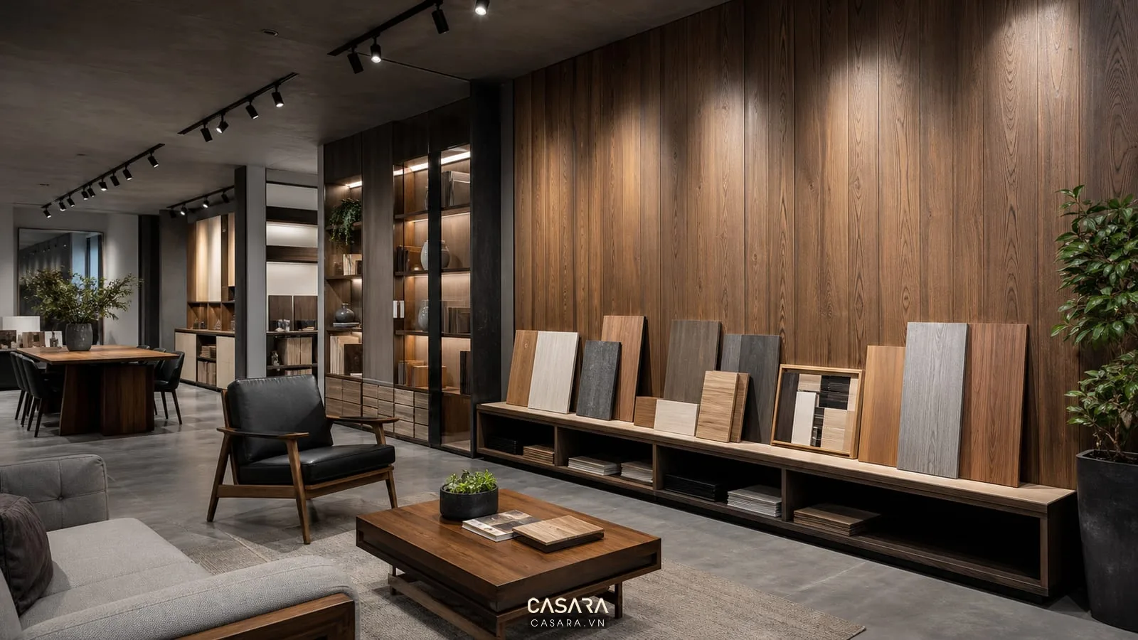 thiết kế showroom đèn với vách gỗ Bluewood và hệ đèn ray chiếu sản phẩm