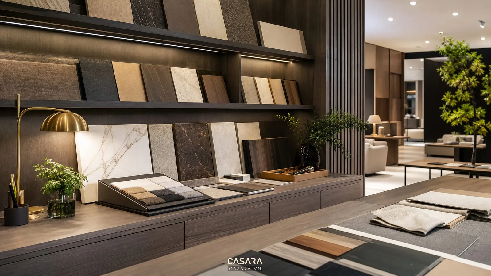 quầy tư vấn showroom Bluewood với tủ lưu trữ và mẫu vật liệu nội thất